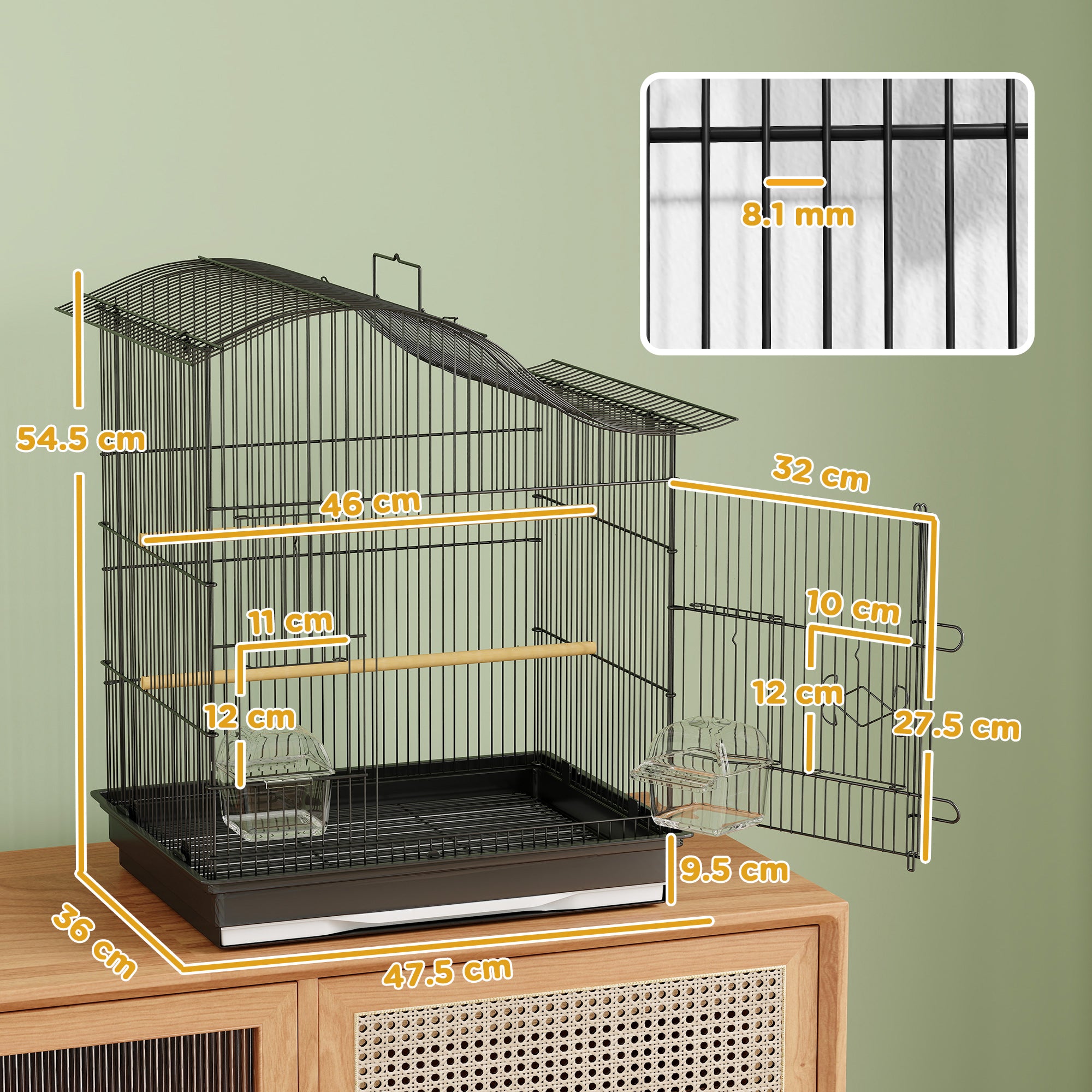 4-Access Bird Cage with 2 Bowls, 2 Perches & Removable Tray — Metal & Plastic, 18.7 x 14.2 x 21.5 in (47.5 x 36 x 54.5 cm) — Black