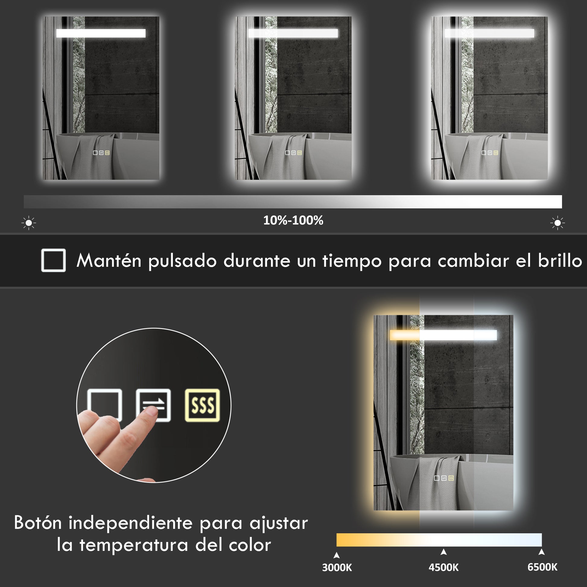 Bathroom Mirror with LED Light 70x50 cm Wall Mirror with 3 Light Colors Anti-fog Function Memory Function Touch Switch IP44