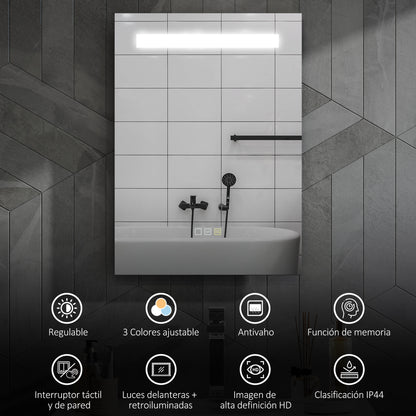 Bathroom Mirror with LED Light 70x50 cm Wall Mirror with 3 Light Colors Anti-fog Function Memory Function Touch Switch IP44