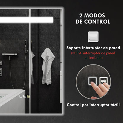 Bathroom Mirror with LED Light 70x50 cm Wall Mirror with 3 Light Colors Anti-fog Function Memory Function Touch Switch IP44