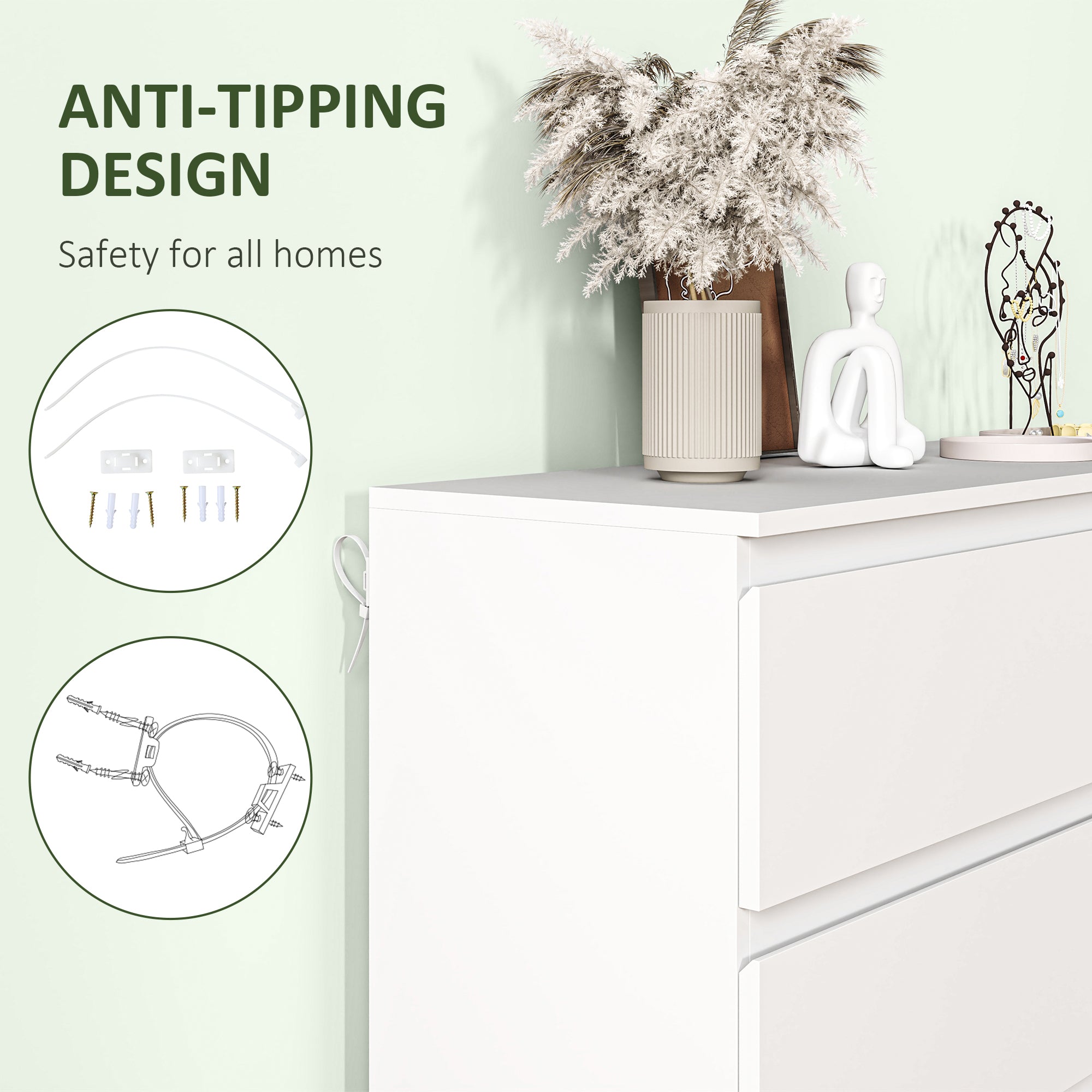 3-Drawer Dresser Sideboard, Modern Handleless Chest for Living Room, Bedroom & Hallway - White (112 x 34 x 75 cm / 44.1 x 13.4 x 29.5 in)