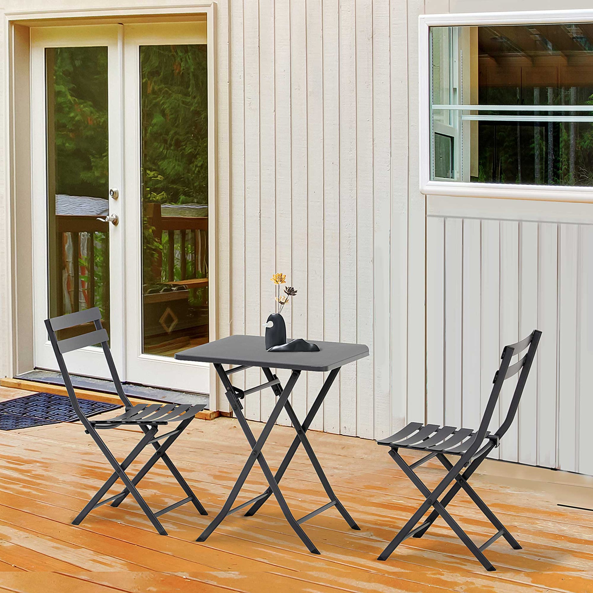 Folding bistro garden set - square table dim. 60L x 60W x 71H cm with 2 chairs - gray thermocoated metal