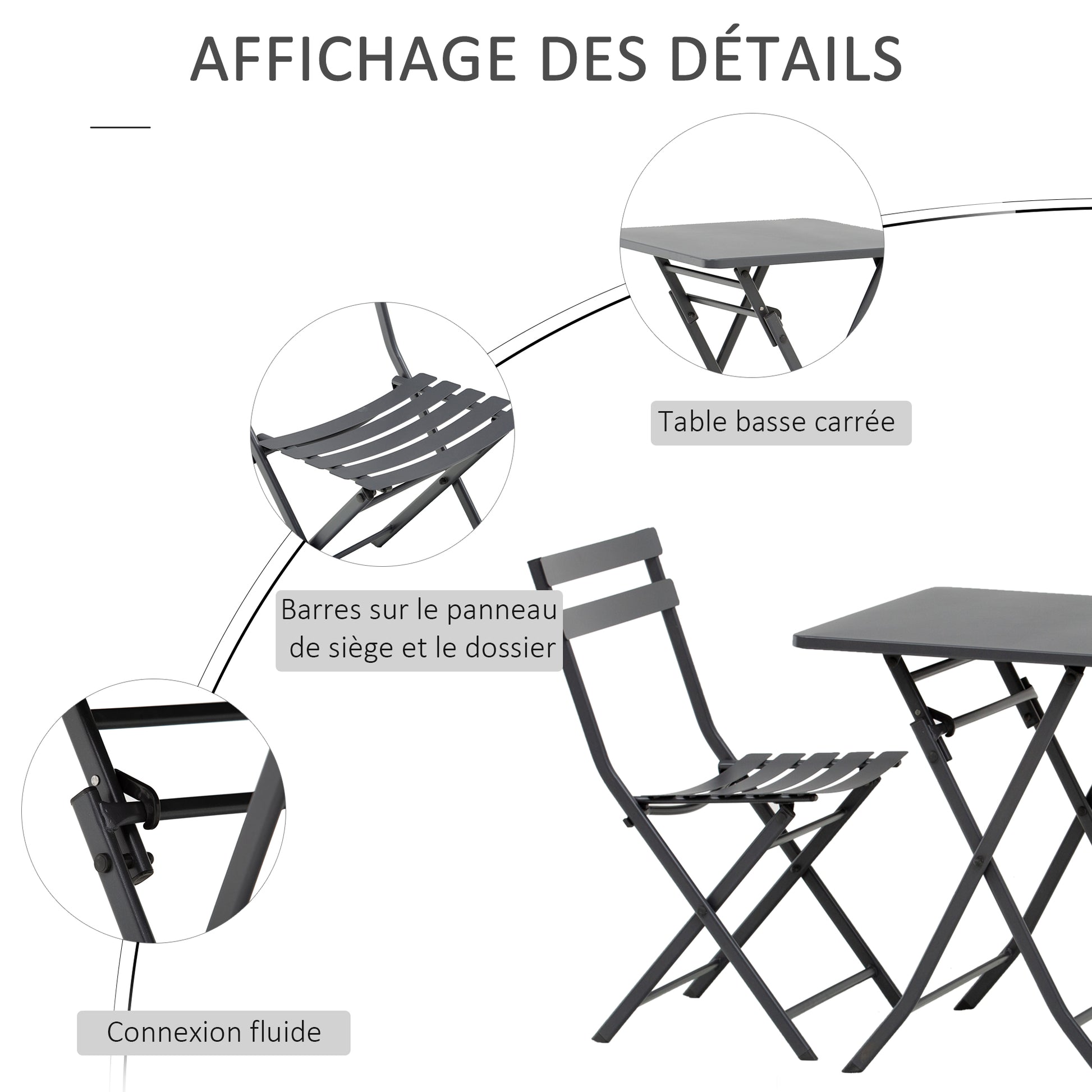 Folding bistro garden set - square table dim. 60L x 60W x 71H cm with 2 chairs - gray thermocoated metal