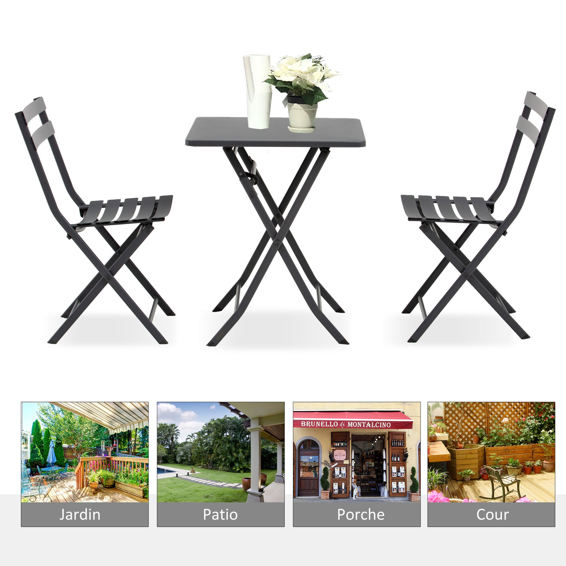 Folding bistro garden set - square table dim. 60L x 60W x 71H cm with 2 chairs - gray thermocoated metal