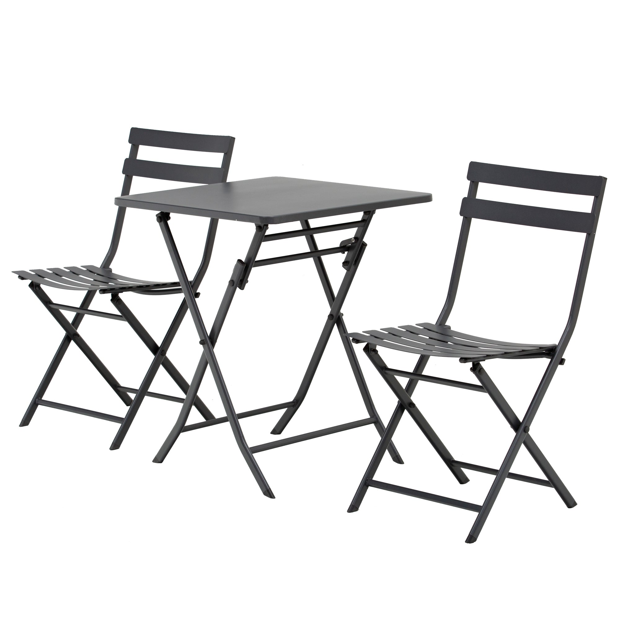 Folding bistro garden set - square table dim. 60L x 60W x 71H cm with 2 chairs - gray thermocoated metal
