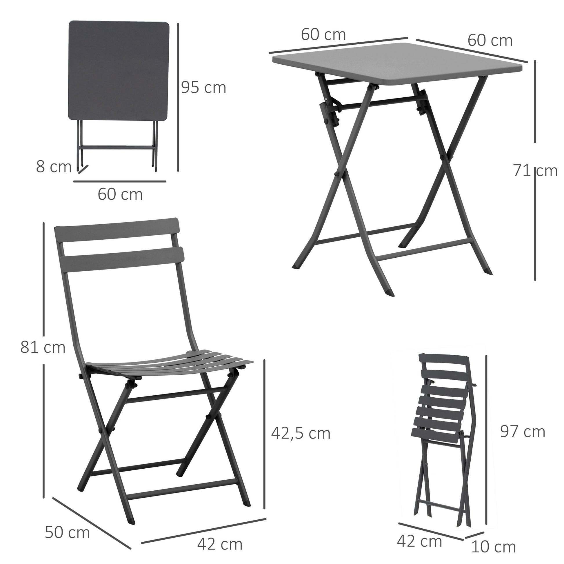 Folding bistro garden set - square table dim. 60L x 60W x 71H cm with 2 chairs - gray thermocoated metal