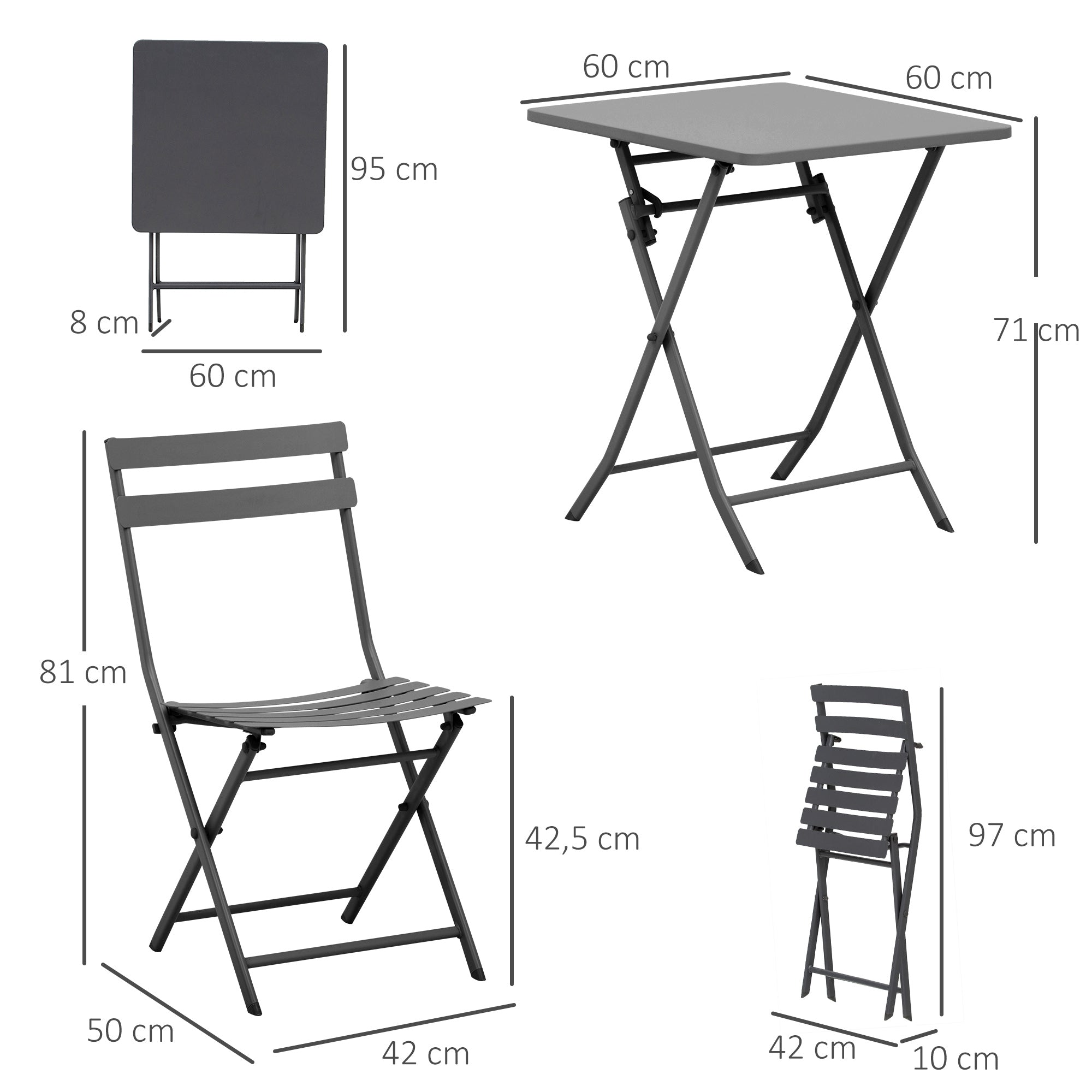 Folding bistro garden set - square table dim. 60L x 60W x 71H cm with 2 chairs - gray thermocoated metal
