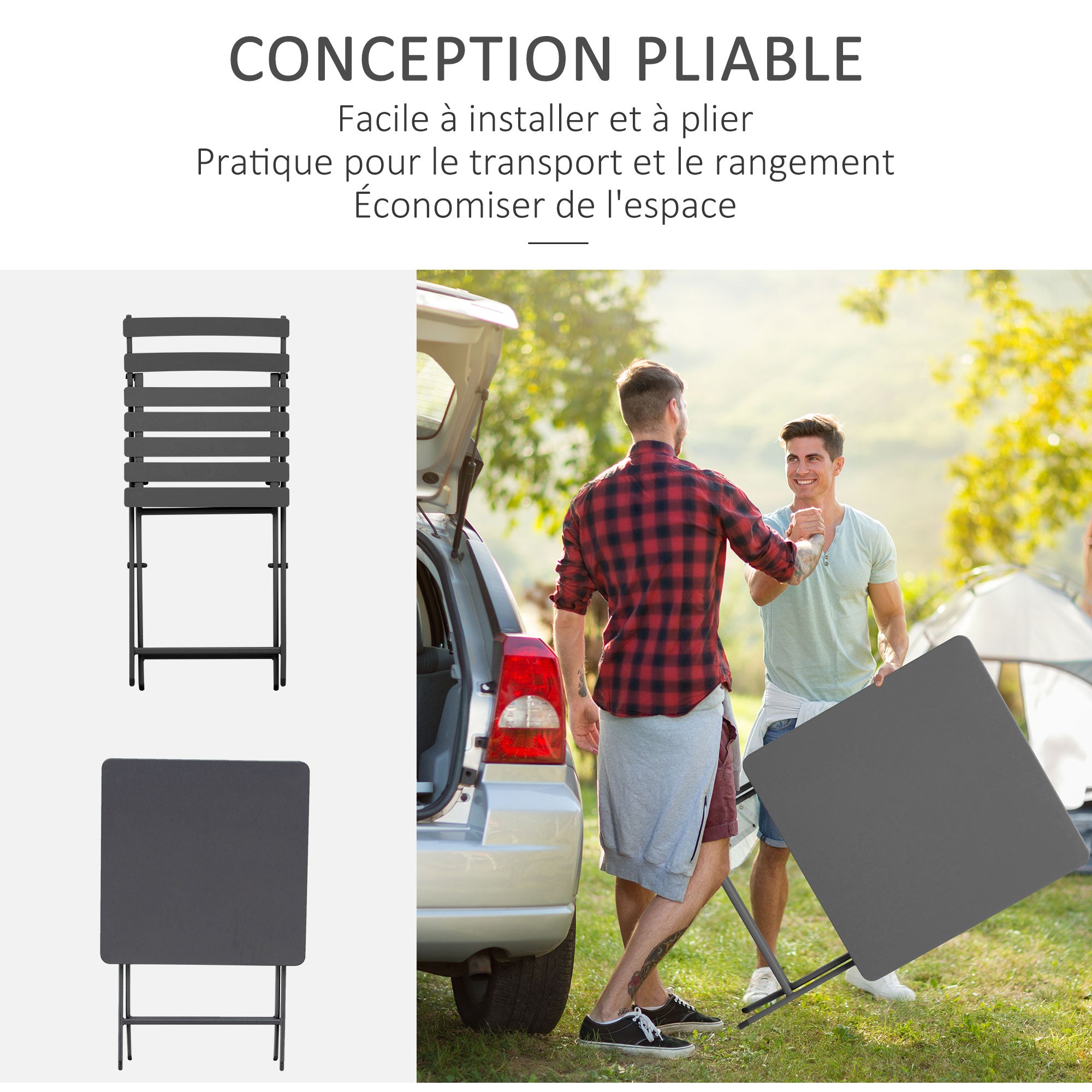 Folding bistro garden set - square table dim. 60L x 60W x 71H cm with 2 chairs - gray thermocoated metal