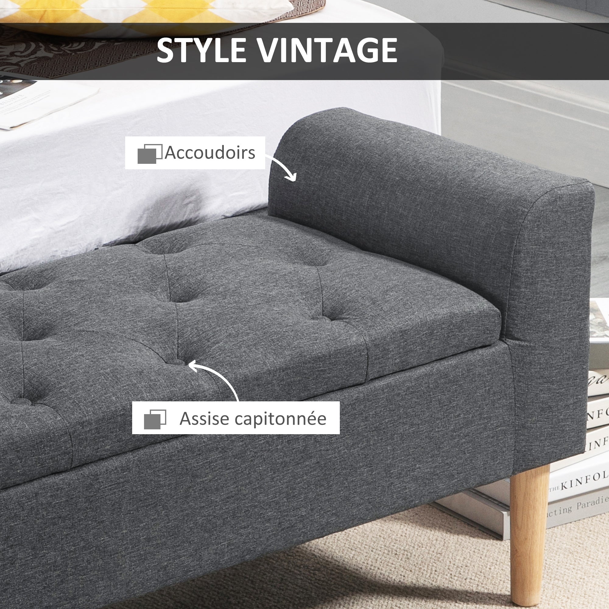Tufted Storage Ottoman Bench with Armrests, Storage Bench for Bedroom, Entryway, Living Room, Holds 130 Kg, Dim. 116 x 44 x 58 cm (Dark Grey)