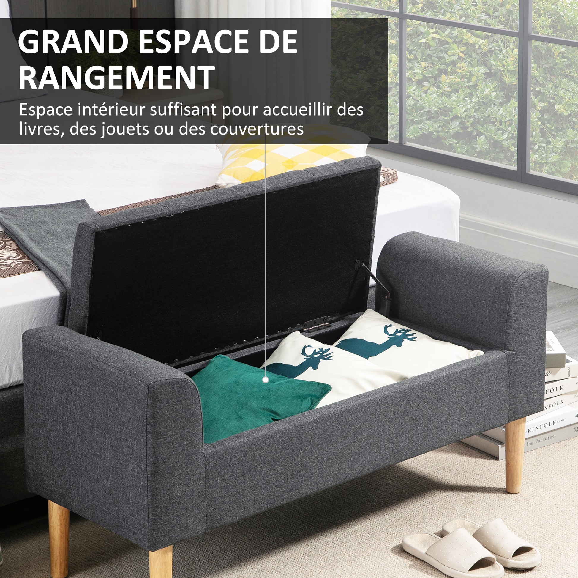 Tufted Storage Ottoman Bench with Armrests, Storage Bench for Bedroom, Entryway, Living Room, Holds 130 Kg, Dim. 116 x 44 x 58 cm (Dark Grey)