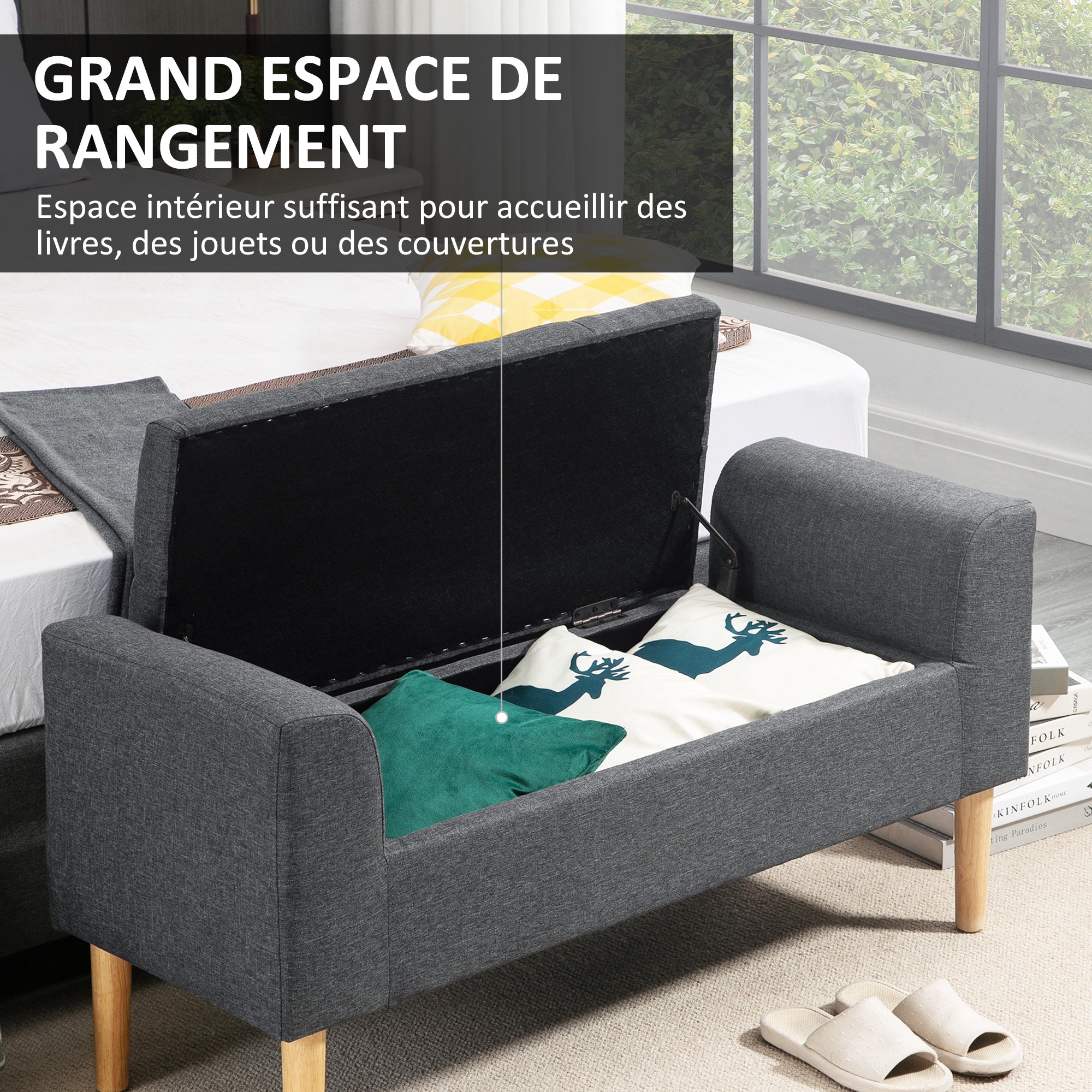 Tufted Storage Ottoman Bench with Armrests, Storage Bench for Bedroom, Entryway, Living Room, Holds 130 Kg, Dim. 116 x 44 x 58 cm (Dark Grey)
