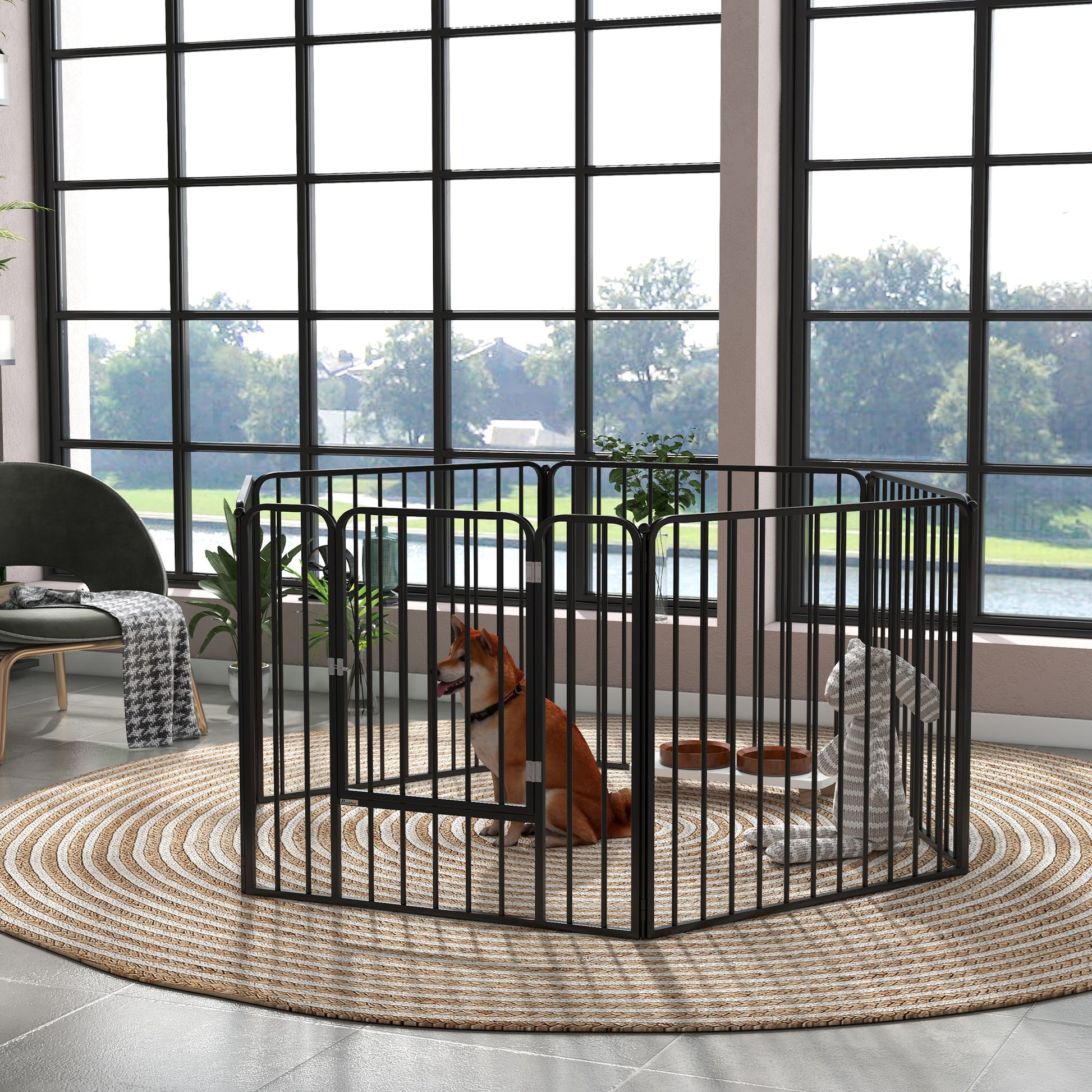 Modular Dog Enclosure, Fence with 1 Door, 6 Panels of 80 x 80 cm, Steel Play and Exercise Park for Dogs and Pets, 80 cm Height, Black
