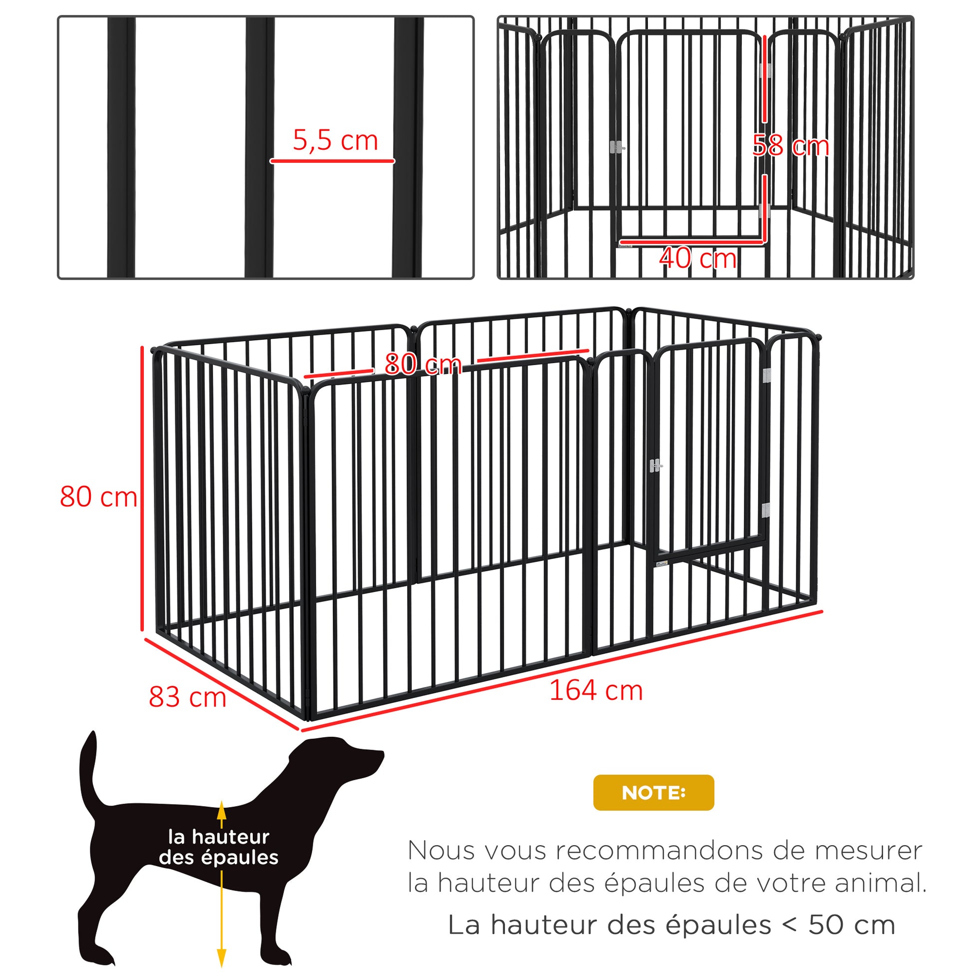 Modular Dog Enclosure, Fence with 1 Door, 6 Panels of 80 x 80 cm, Steel Play and Exercise Park for Dogs and Pets, 80 cm Height, Black