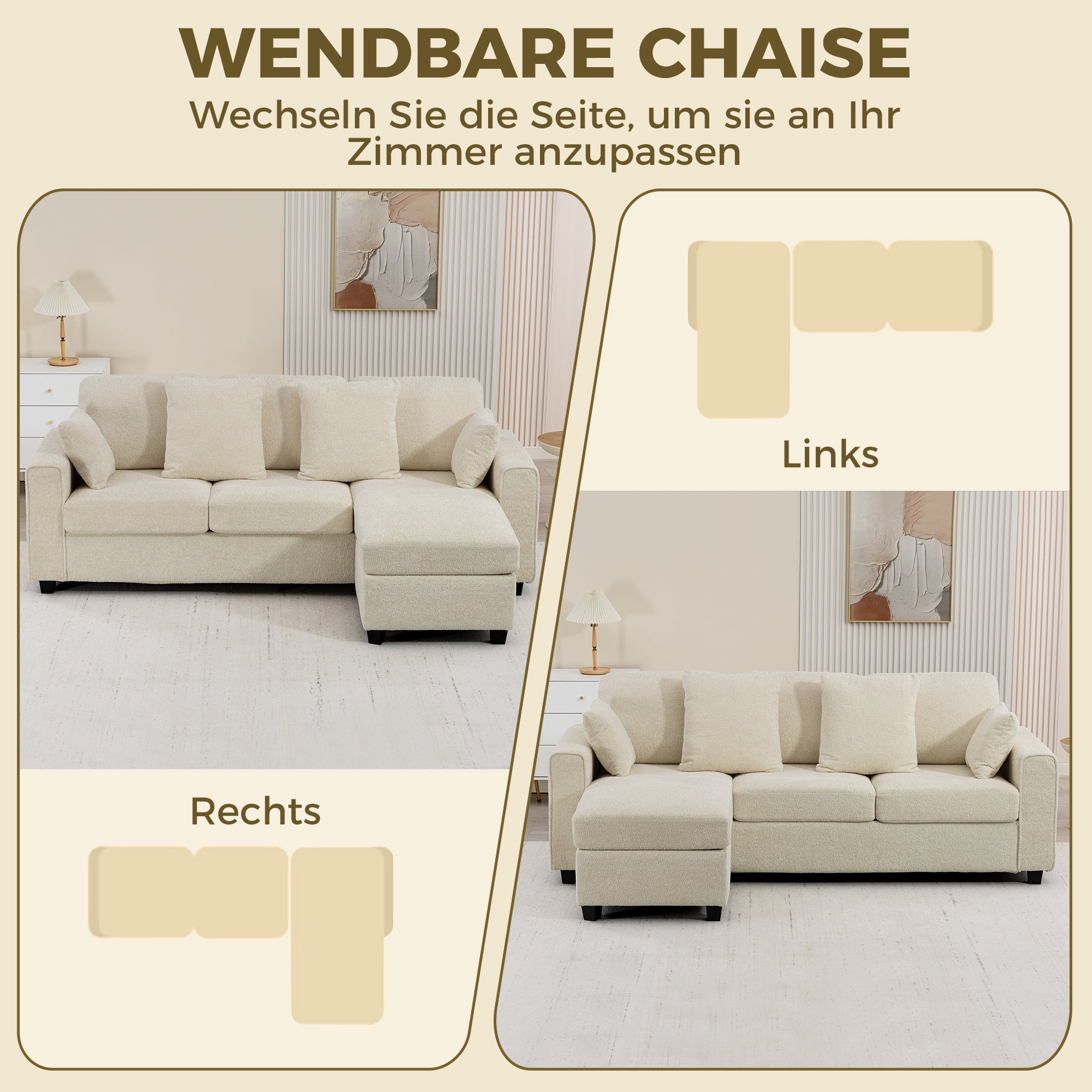 Corner Sofa 92.7" L-Shaped 3-Seater with Reversible Chaise, Beige Point-Texture Velvet, Deep and Wide Seats
