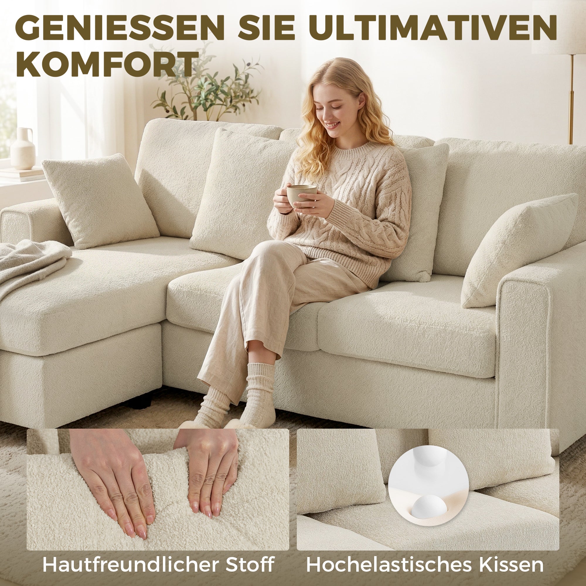 Corner Sofa 92.7" L-Shaped 3-Seater with Reversible Chaise, Beige Point-Texture Velvet, Deep and Wide Seats