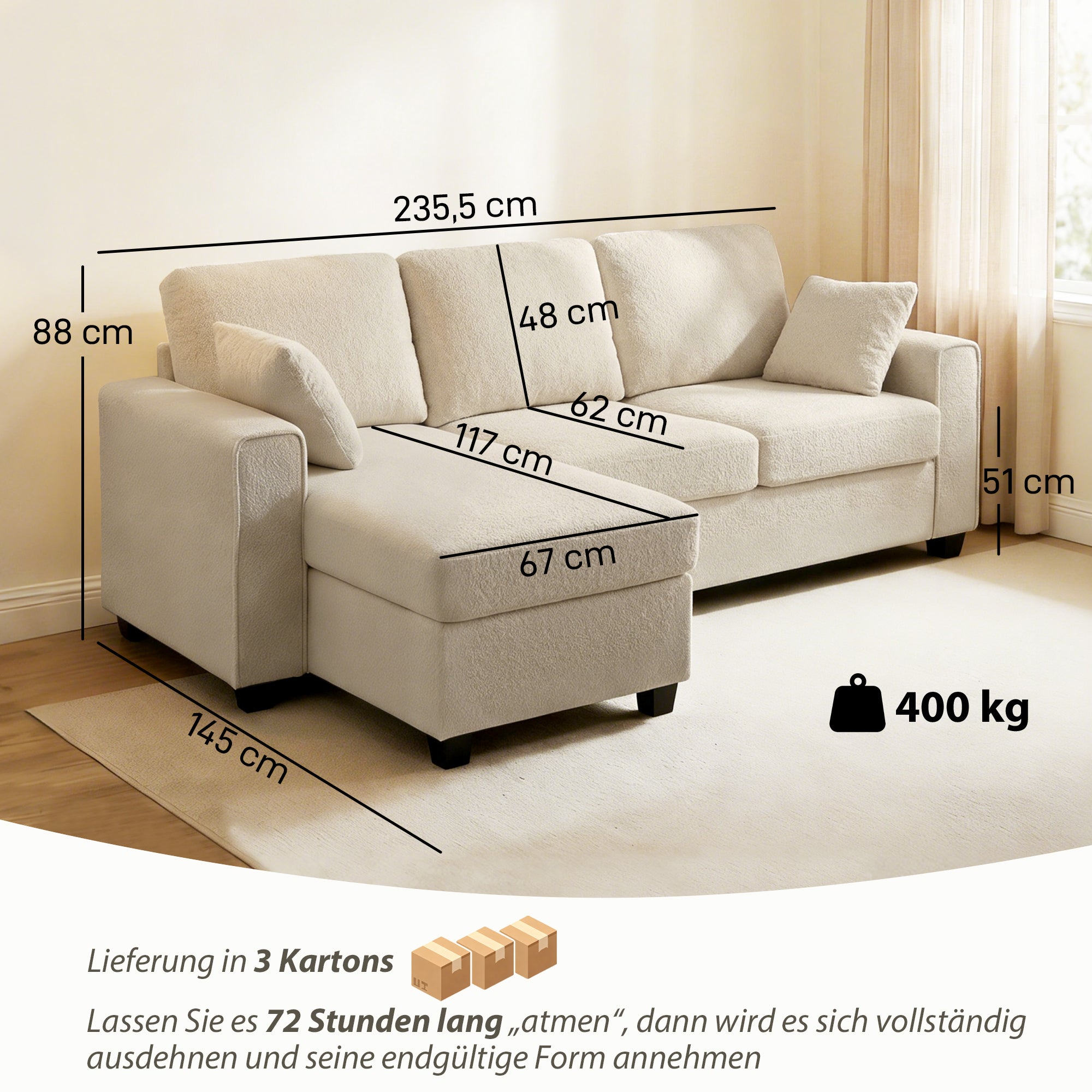Corner Sofa 92.7" L-Shaped 3-Seater with Reversible Chaise, Beige Point-Texture Velvet, Deep and Wide Seats