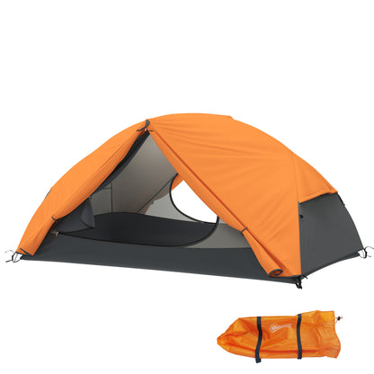 2-Person Camping Tent with 2 Vestibules, Waterproof Dome Tent with 2 Doors, 2 Mesh Windows, Internal Pockets, and Transport Bag for Trekking, 280x225x110 cm, Orange