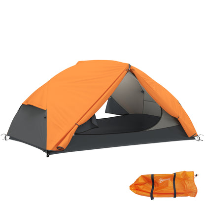 2-Person Camping Tent with 2 Vestibules, Waterproof Dome Tent with 2 Doors, 2 Mesh Windows, Internal Pockets, and Transport Bag for Trekking, 280x225x110 cm, Orange