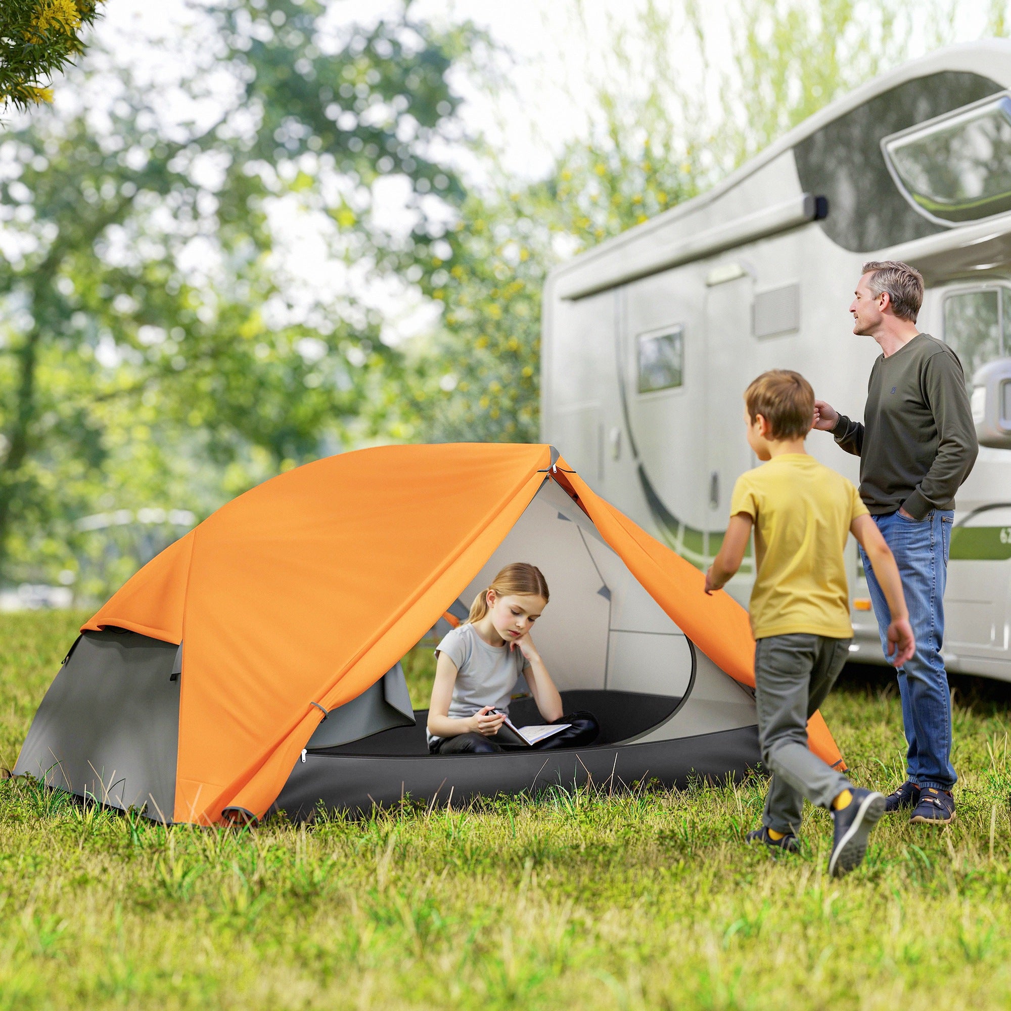 2-Person Camping Tent with 2 Vestibules, Waterproof Dome Tent with 2 Doors, 2 Mesh Windows, Internal Pockets, and Transport Bag for Trekking, 280x225x110 cm, Orange