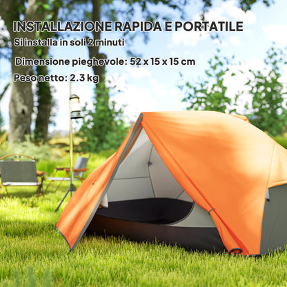 2-Person Camping Tent with 2 Vestibules, Waterproof Dome Tent with 2 Doors, 2 Mesh Windows, Internal Pockets, and Transport Bag for Trekking, 280x225x110 cm, Orange