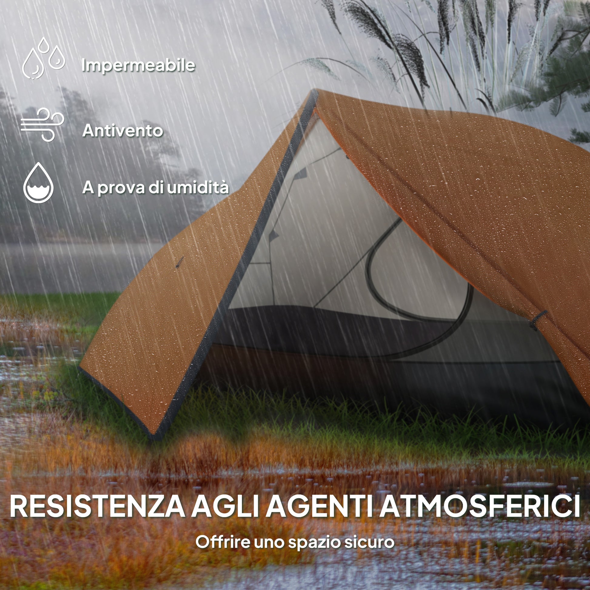 2-Person Camping Tent with 2 Vestibules, Waterproof Dome Tent with 2 Doors, 2 Mesh Windows, Internal Pockets, and Transport Bag for Trekking, 280x225x110 cm, Orange