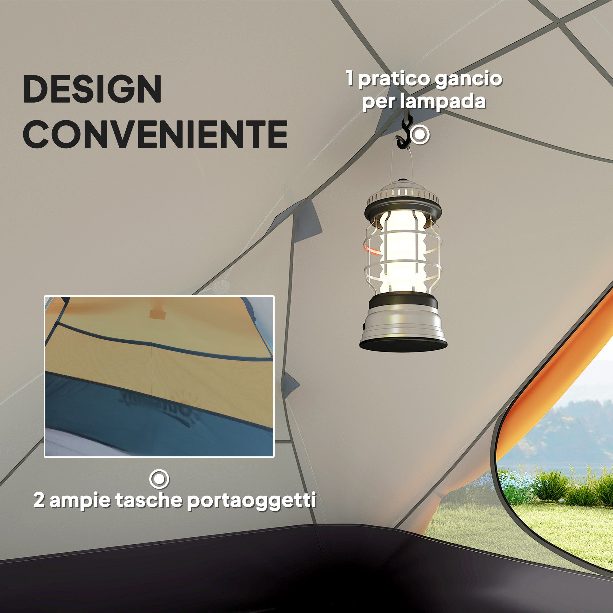 2-Person Camping Tent with 2 Vestibules, Waterproof Dome Tent with 2 Doors, 2 Mesh Windows, Internal Pockets, and Transport Bag for Trekking, 280x225x110 cm, Orange