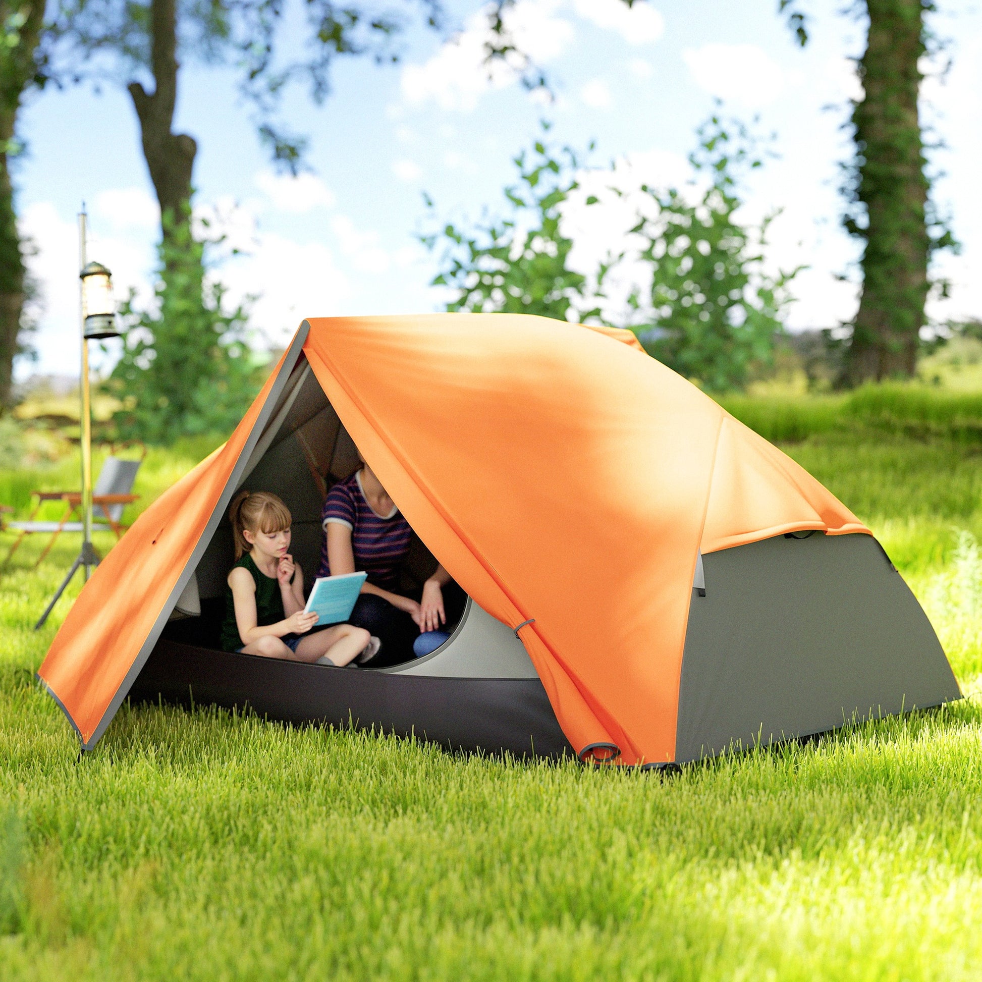 2-Person Camping Tent with 2 Vestibules, Waterproof Dome Tent with 2 Doors, 2 Mesh Windows, Internal Pockets, and Transport Bag for Trekking, 280x225x110 cm, Orange