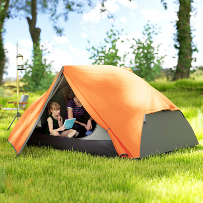 2-Person Camping Tent with 2 Vestibules, Waterproof Dome Tent with 2 Doors, 2 Mesh Windows, Internal Pockets, and Transport Bag for Trekking, 280x225x110 cm, Orange