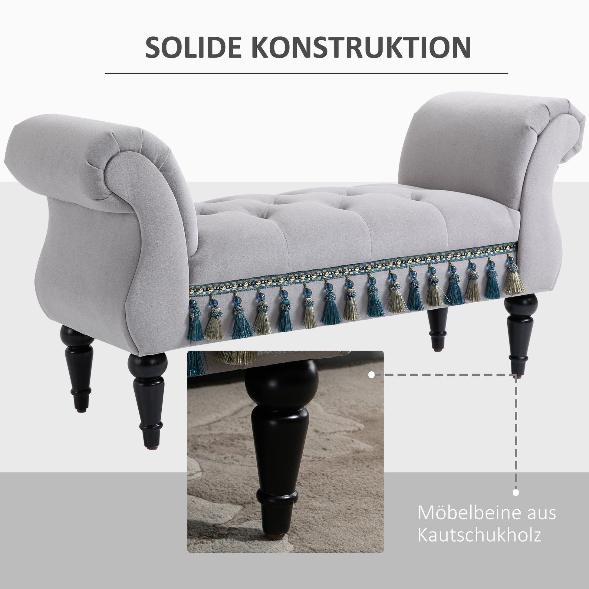 Upholstered Bench, Velvet Look, Luxury Bed Bench with Wooden Legs, Hallway Bench for Bedroom, up to 150 kg Capacity, Light Gray, 117 x 40 x 58 cm