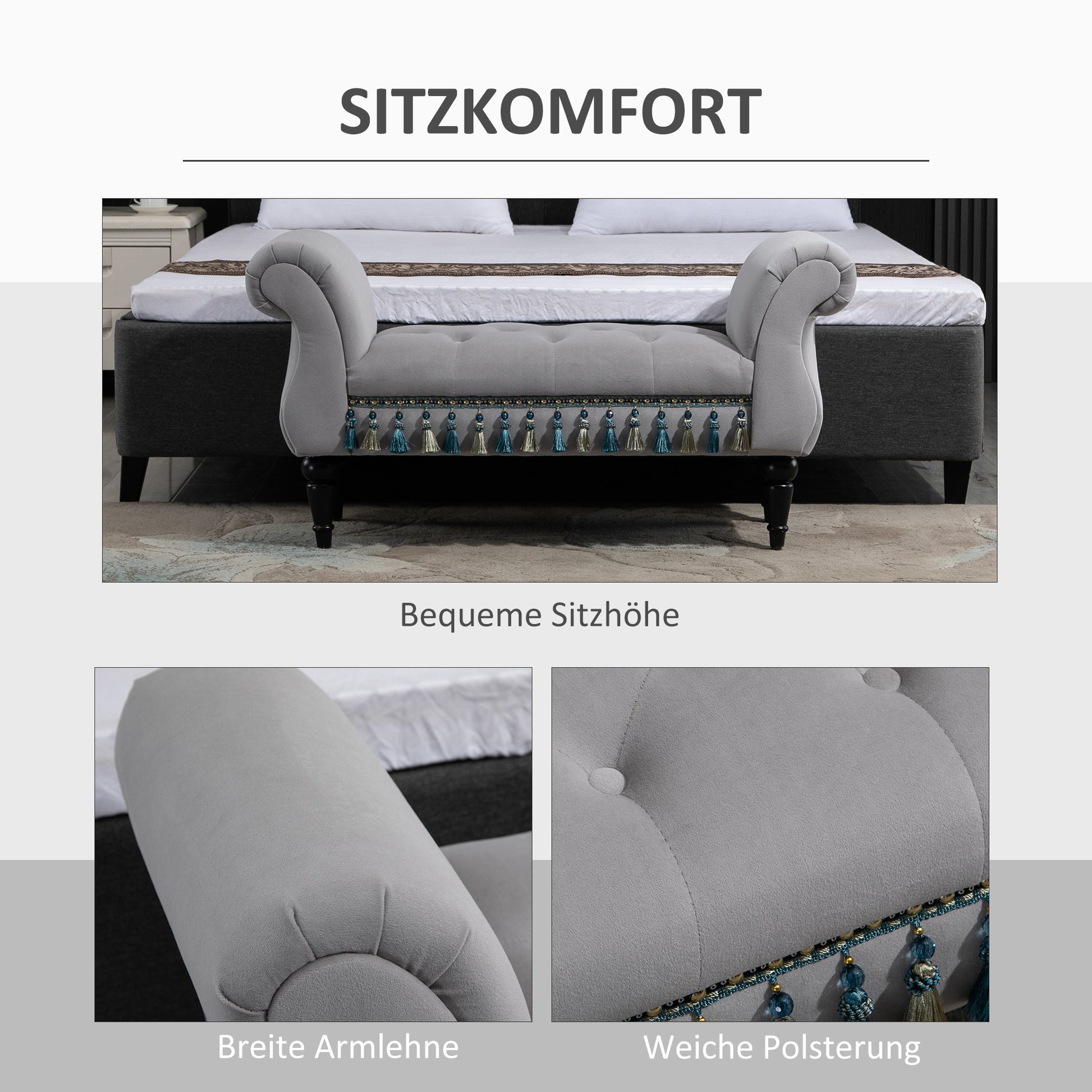 Upholstered Bench, Velvet Look, Luxury Bed Bench with Wooden Legs, Hallway Bench for Bedroom, up to 150 kg Capacity, Light Gray, 117 x 40 x 58 cm
