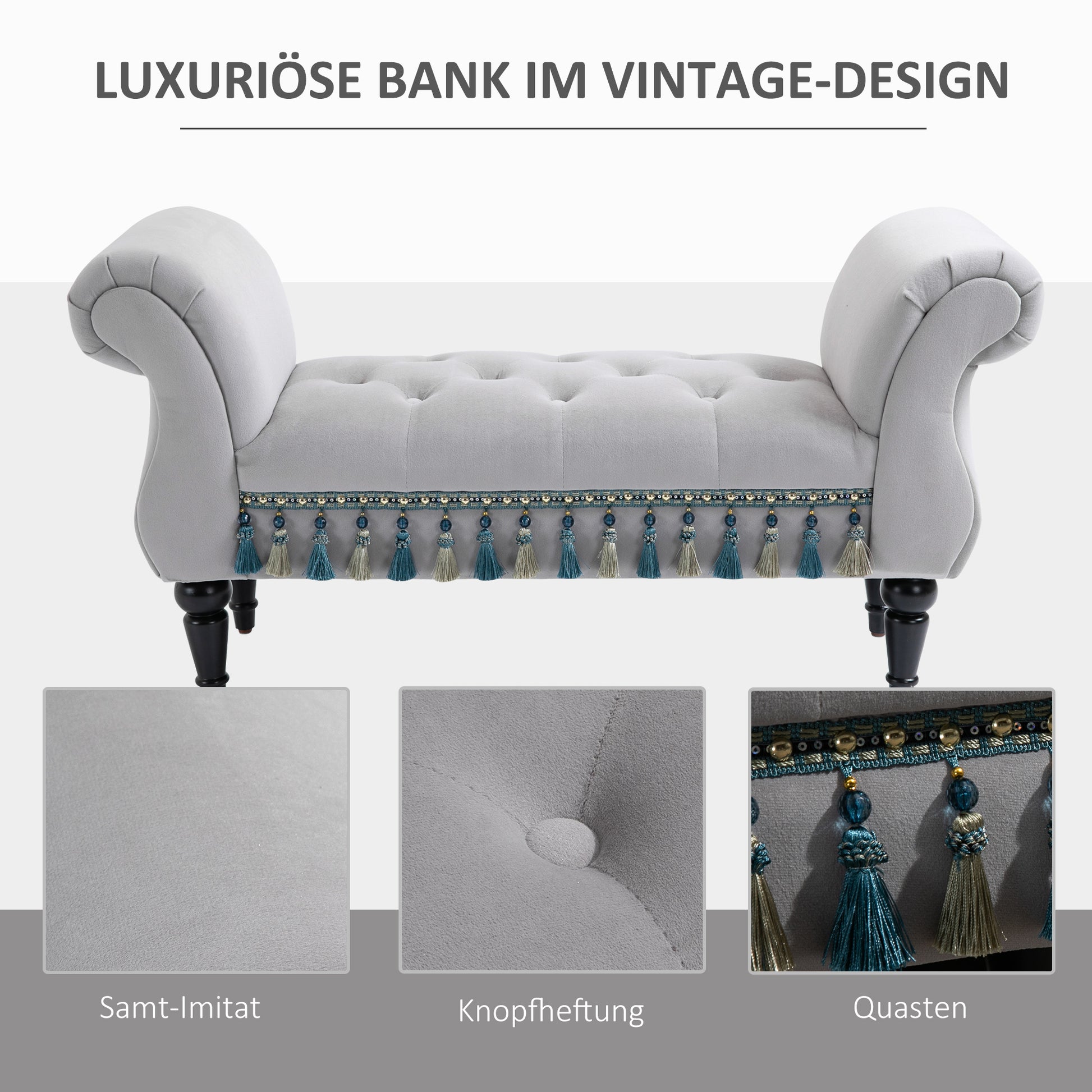 Upholstered Bench, Velvet Look, Luxury Bed Bench with Wooden Legs, Hallway Bench for Bedroom, up to 150 kg Capacity, Light Gray, 117 x 40 x 58 cm