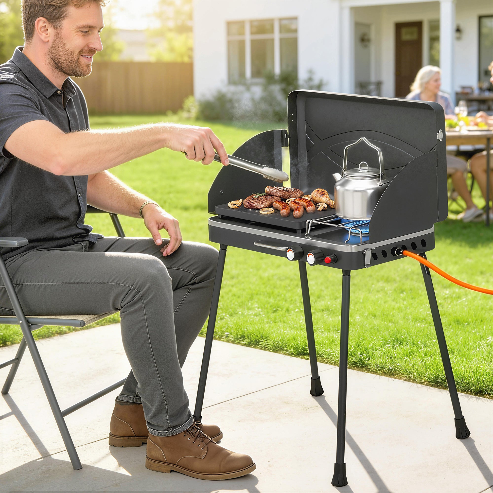 Portable 2-Burner Gas Grill — 2-in-1 Tabletop & Stand, 20,000 BTU, Folding Legs, Nonstick Griddle, Windshield & Lid Latch — Camping BBQ