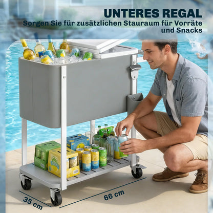 Glacière roulante Outsunny 56 L avec étagère, décapsuleur, récupérateur de capsules, bouchon de vidange et poignée — Pour terrasse, jardin et barbecues, 84 × 38 × 83 cm, gris