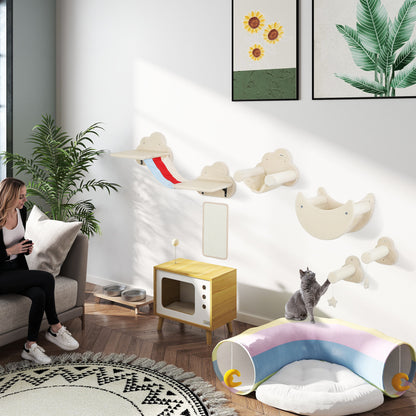 6-Piece Wall Climbing Game for Cats Sky Theme Cat Shelves with Hammocks Platforms Stairs Scratching Board Sisal Post Toy Stars Beige
