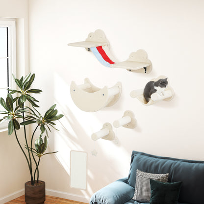 6-Piece Wall Climbing Game for Cats Sky Theme Cat Shelves with Hammocks Platforms Stairs Scratching Board Sisal Post Toy Stars Beige