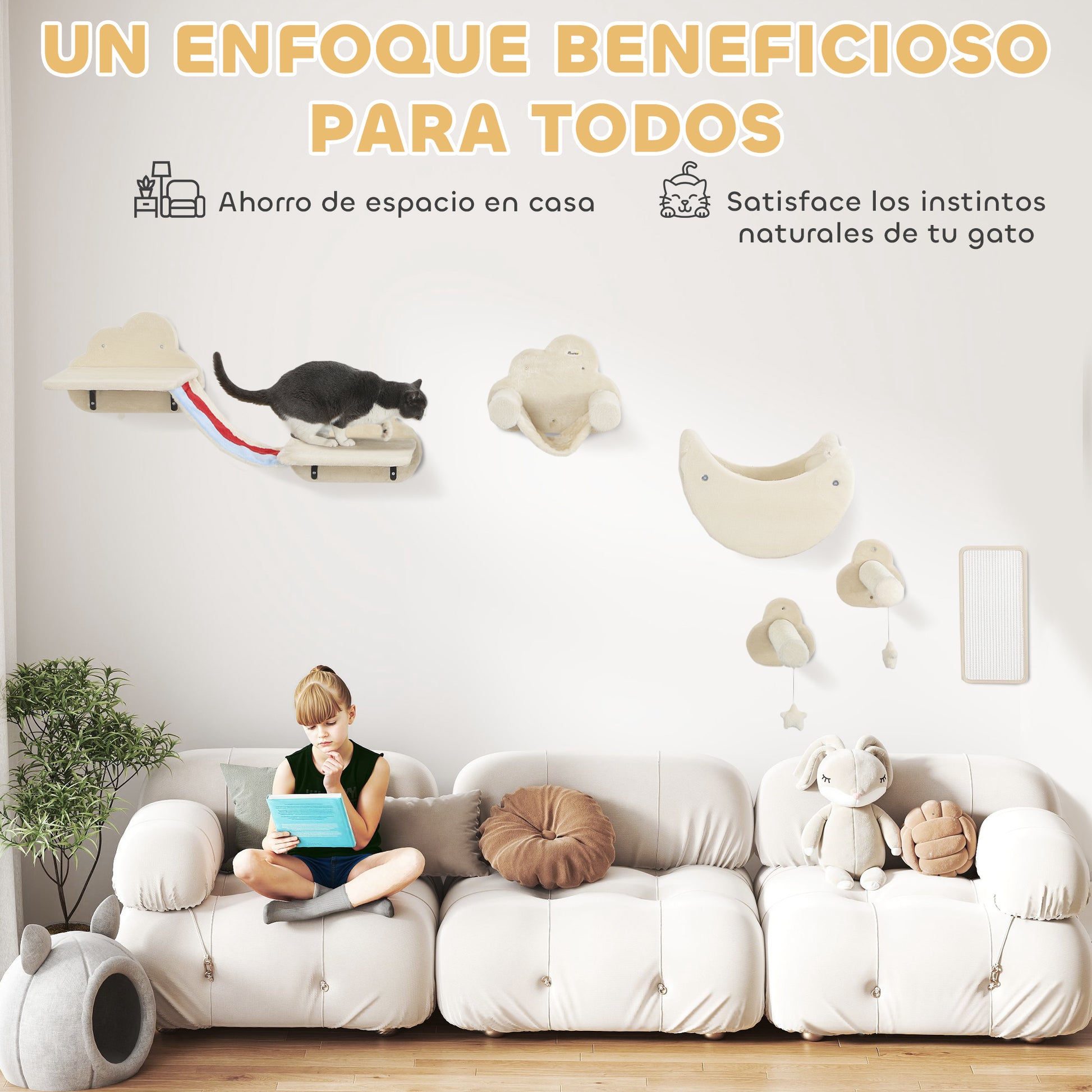 6-Piece Wall Climbing Game for Cats Sky Theme Cat Shelves with Hammocks Platforms Stairs Scratching Board Sisal Post Toy Stars Beige