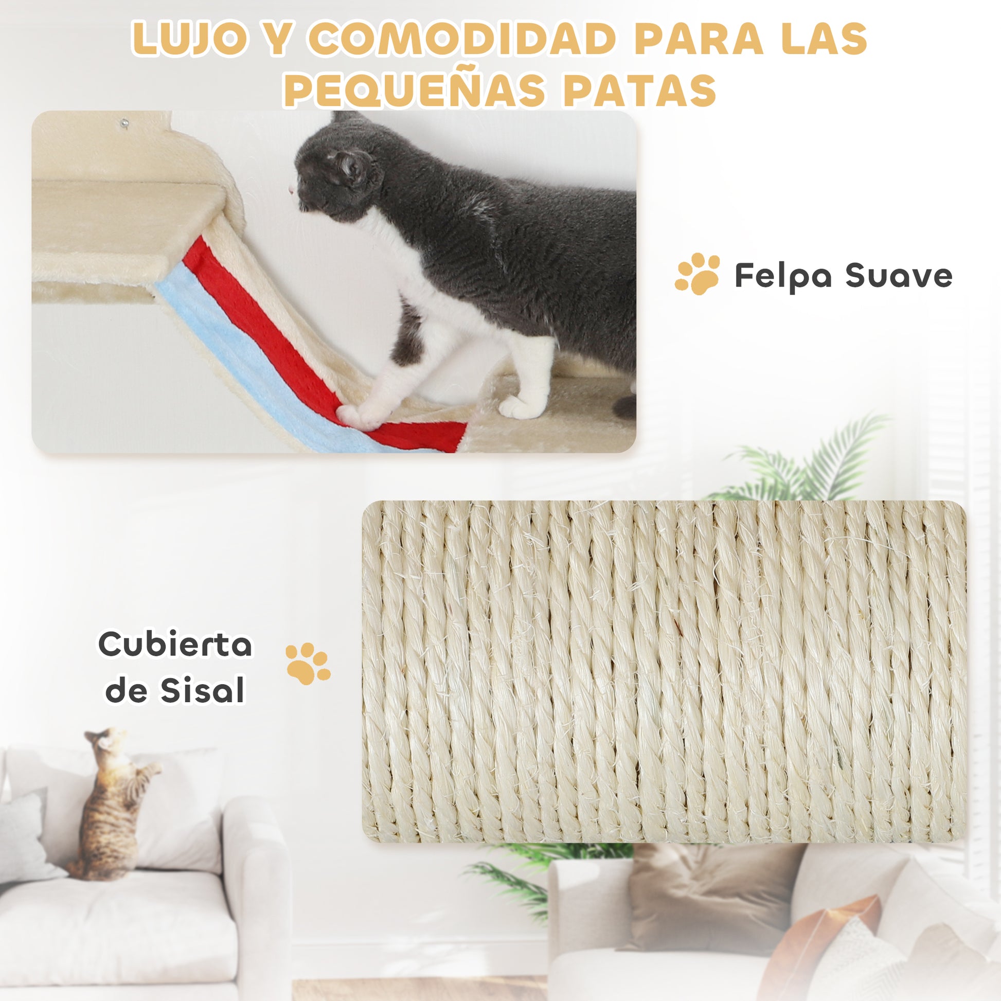 6-Piece Wall Climbing Game for Cats Sky Theme Cat Shelves with Hammocks Platforms Stairs Scratching Board Sisal Post Toy Stars Beige