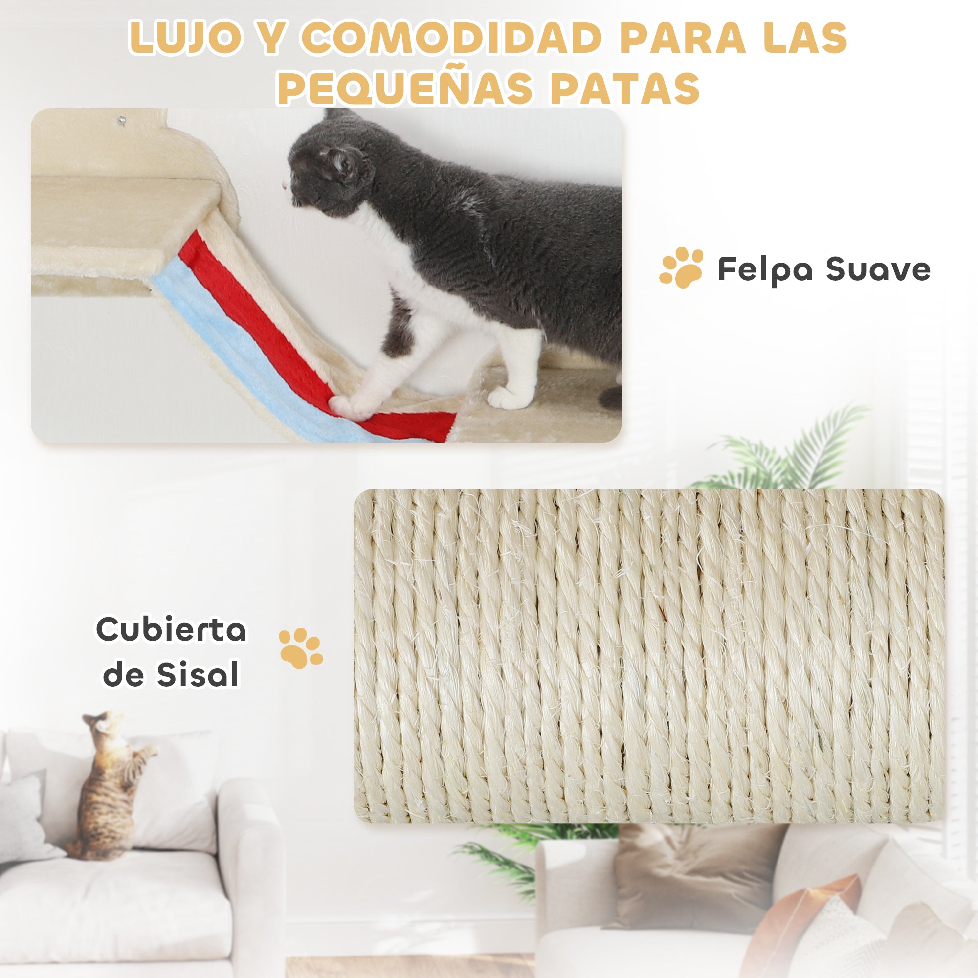6-Piece Wall Climbing Game for Cats Sky Theme Cat Shelves with Hammocks Platforms Stairs Scratching Board Sisal Post Toy Stars Beige