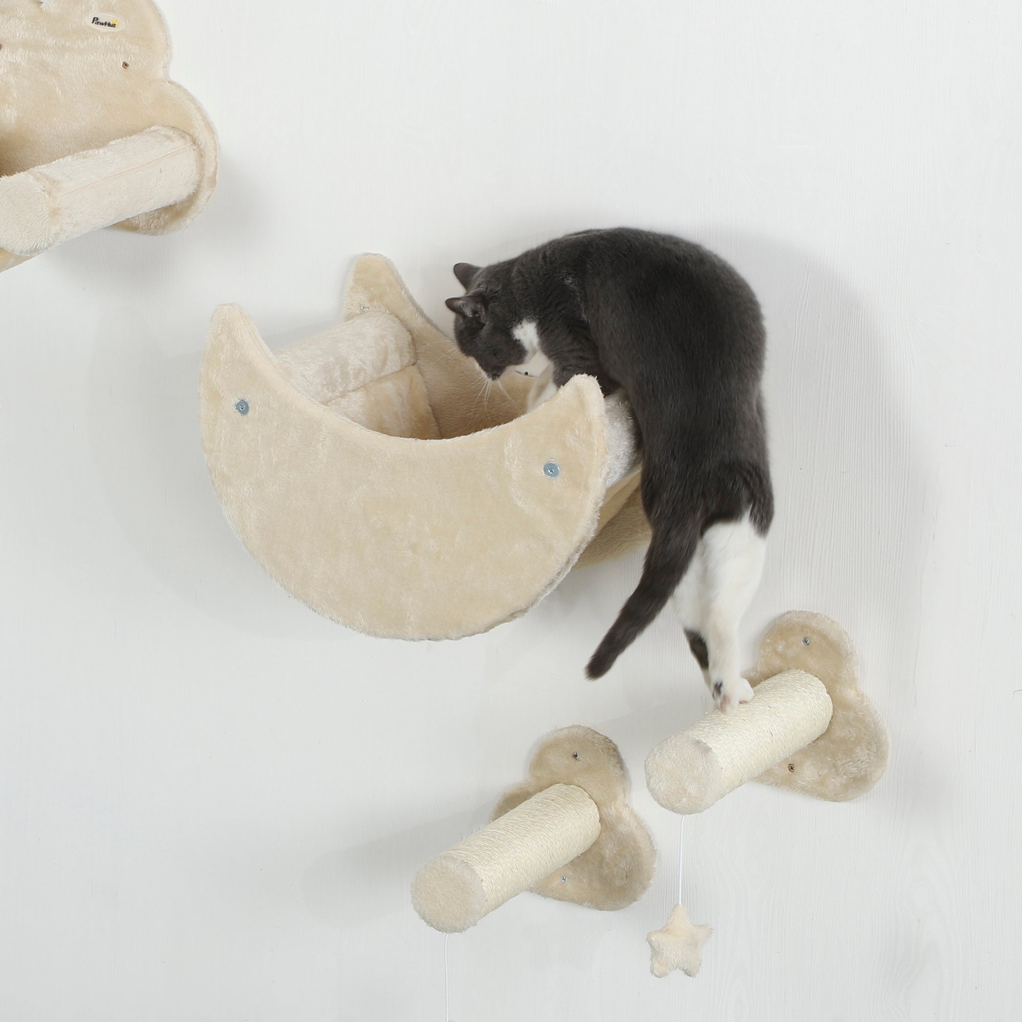 6-Piece Wall Climbing Game for Cats Sky Theme Cat Shelves with Hammocks Platforms Stairs Scratching Board Sisal Post Toy Stars Beige