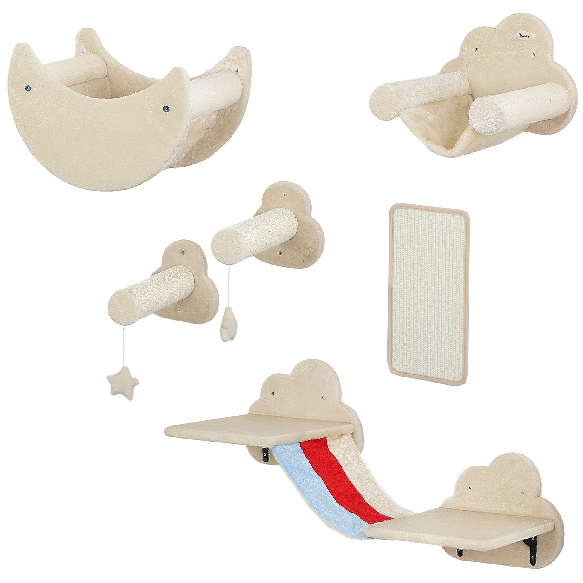 6-Piece Wall Climbing Game for Cats Sky Theme Cat Shelves with Hammocks Platforms Stairs Scratching Board Sisal Post Toy Stars Beige