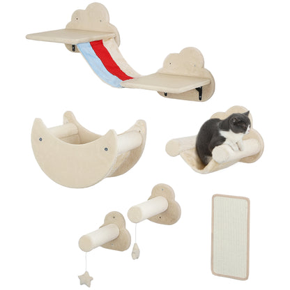 6-Piece Wall Climbing Game for Cats Sky Theme Cat Shelves with Hammocks Platforms Stairs Scratching Board Sisal Post Toy Stars Beige