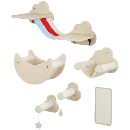 6-Piece Wall Climbing Game for Cats Sky Theme Cat Shelves with Hammocks Platforms Stairs Scratching Board Sisal Post Toy Stars Beige