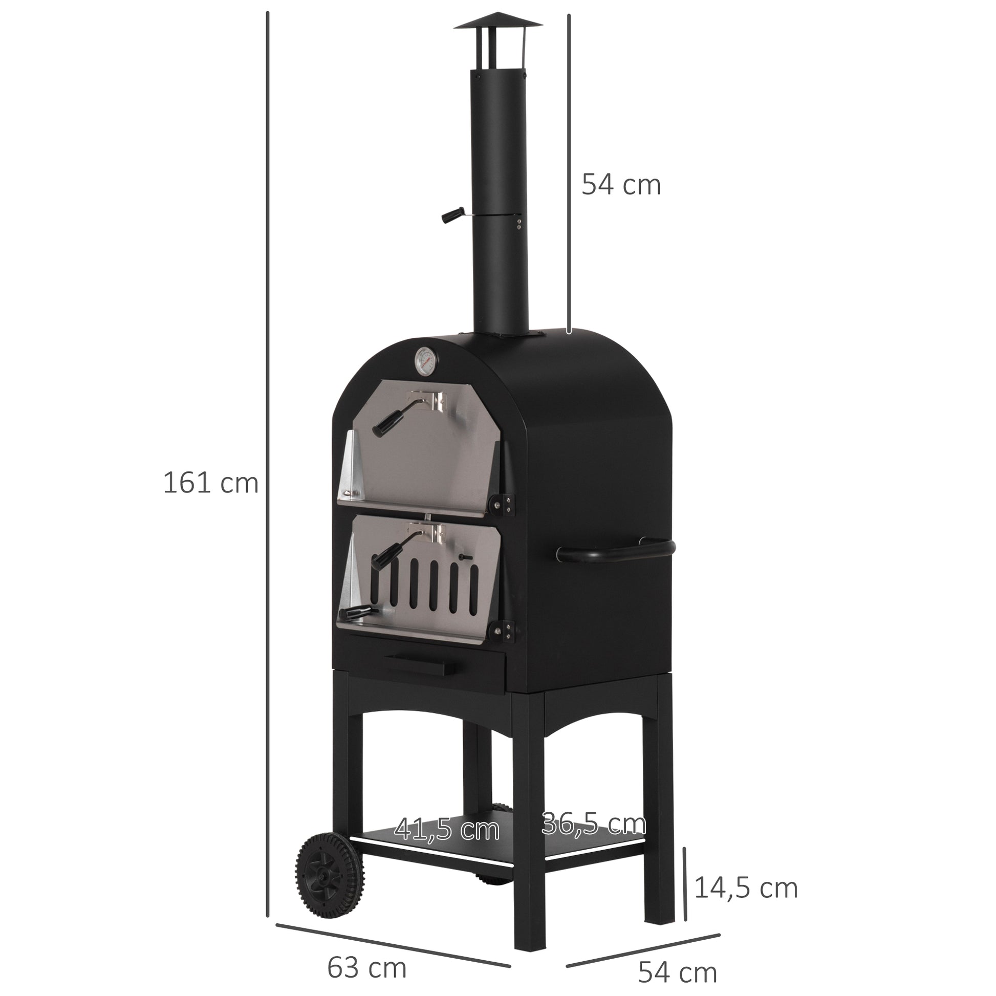 2-In-1 Outdoor Pizza Oven with Wheels BBQ Grill with Cover Pizza Peel 2 Grill Nets Grill Cart with Chimney 3-Tier Wood Fired Oven for BBQ Steel Black+Silver 63 x 54 x 161 cm