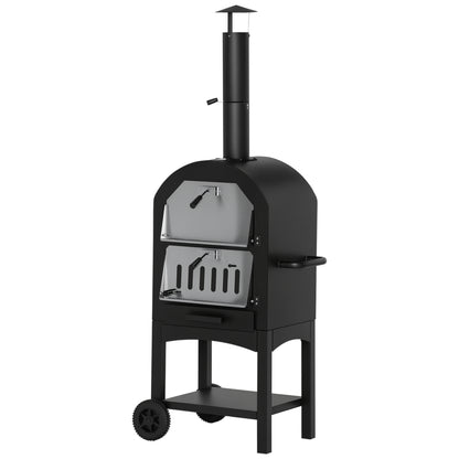 2-In-1 Outdoor Pizza Oven with Wheels BBQ Grill with Cover Pizza Peel 2 Grill Nets Grill Cart with Chimney 3-Tier Wood Fired Oven for BBQ Steel Black+Silver 63 x 54 x 161 cm