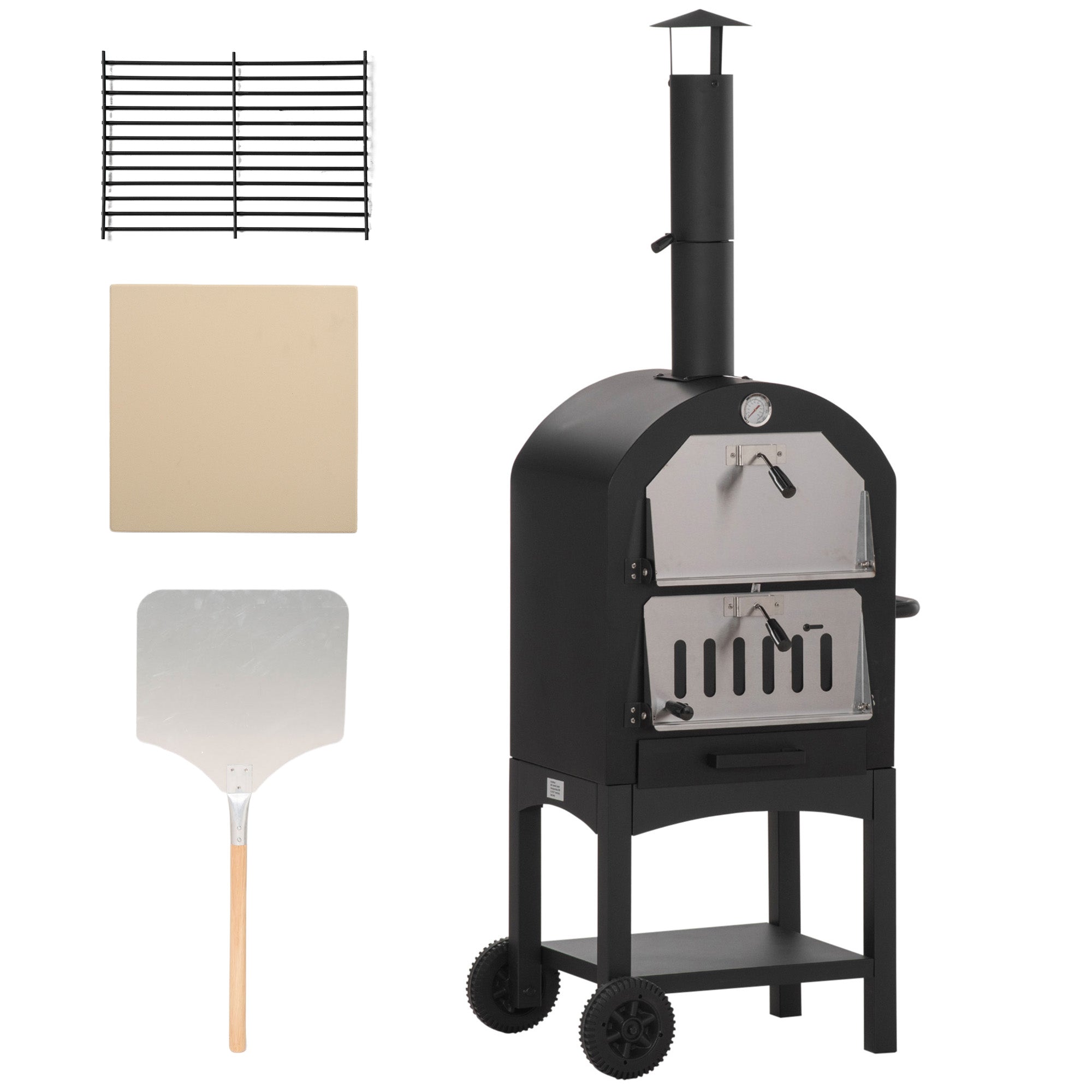 2-In-1 Outdoor Pizza Oven with Wheels BBQ Grill with Cover Pizza Peel 2 Grill Nets Grill Cart with Chimney 3-Tier Wood Fired Oven for BBQ Steel Black+Silver 63 x 54 x 161 cm