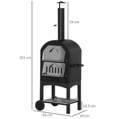 2-In-1 Outdoor Pizza Oven with Wheels BBQ Grill with Cover Pizza Peel 2 Grill Nets Grill Cart with Chimney 3-Tier Wood Fired Oven for BBQ Steel Black+Silver 63 x 54 x 161 cm