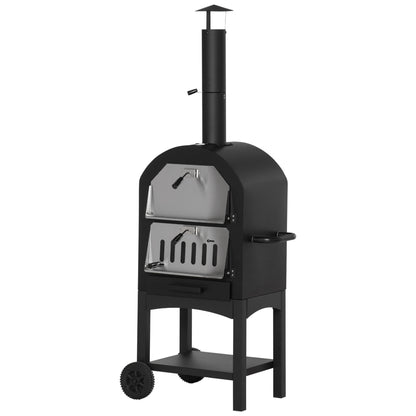 2-In-1 Outdoor Pizza Oven with Wheels BBQ Grill with Cover Pizza Peel 2 Grill Nets Grill Cart with Chimney 3-Tier Wood Fired Oven for BBQ Steel Black+Silver 63 x 54 x 161 cm