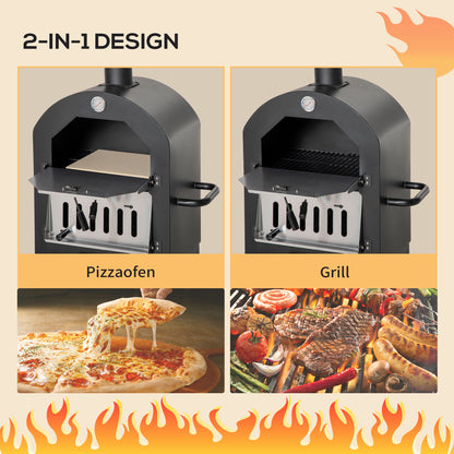 2-In-1 Outdoor Pizza Oven with Wheels BBQ Grill with Cover Pizza Peel 2 Grill Nets Grill Cart with Chimney 3-Tier Wood Fired Oven for BBQ Steel Black+Silver 63 x 54 x 161 cm