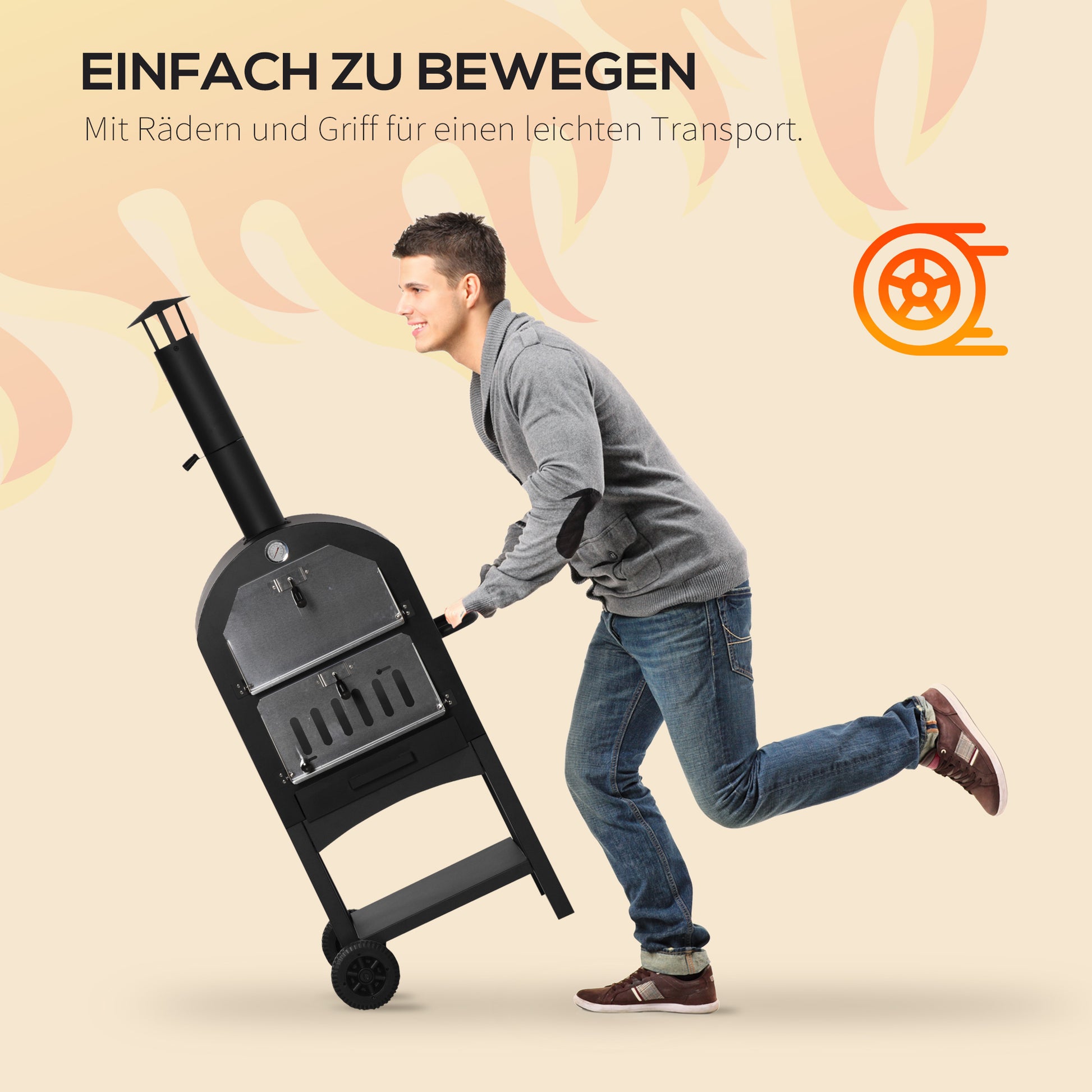 2-In-1 Outdoor Pizza Oven with Wheels BBQ Grill with Cover Pizza Peel 2 Grill Nets Grill Cart with Chimney 3-Tier Wood Fired Oven for BBQ Steel Black+Silver 63 x 54 x 161 cm