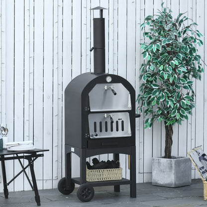 2-In-1 Outdoor Pizza Oven with Wheels BBQ Grill with Cover Pizza Peel 2 Grill Nets Grill Cart with Chimney 3-Tier Wood Fired Oven for BBQ Steel Black+Silver 63 x 54 x 161 cm